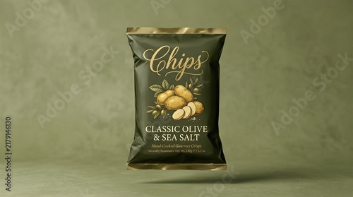 Classic olive and sea salt potato chips bag on a textured green background
