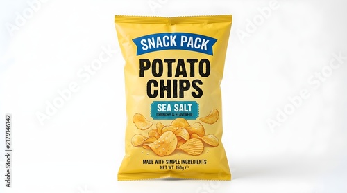 Yellow snack pack potato chips bag with sea salt against white background