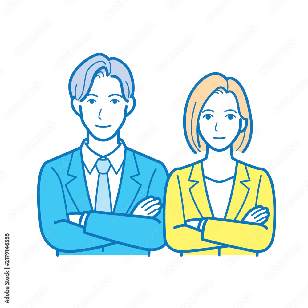Fototapeta premium 正面を向いて腕組みをする男女のビジネスパーソン 上半身イラスト