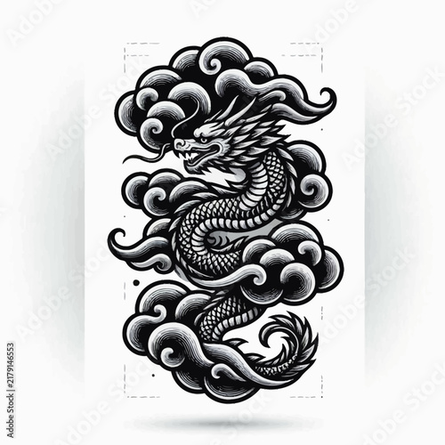 Intricate black and white illustration of a majestic Asian dragon coiling through traditional Japanese clouds, rendered in a classic tattoo art style.