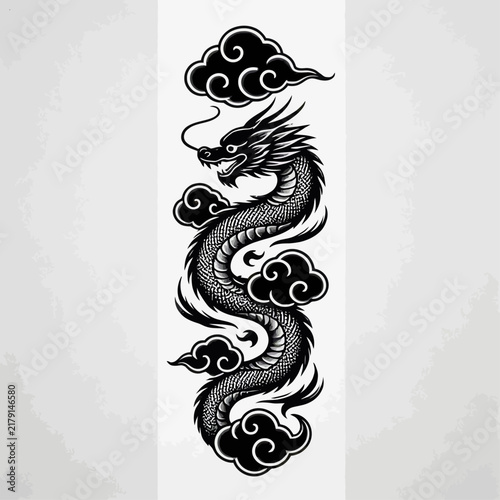 A striking black and white illustration of a traditional East Asian dragon coiled amongst swirling clouds.