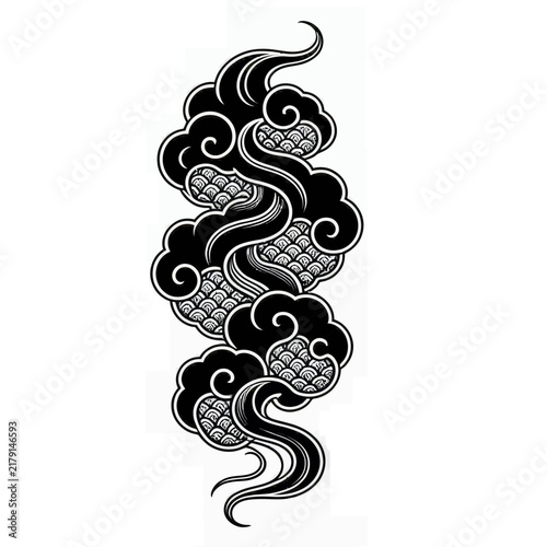 Stylized black and white Japanese clouds with intricate patterns, traditional Asian art illustration.