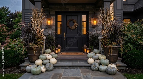 Autumn front porch decorated with pumpkins and lanterns for fall season home exterior