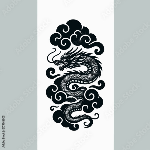 A detailed illustration of a traditional East Asian dragon coiled amongst swirling clouds, rendered in black and white.