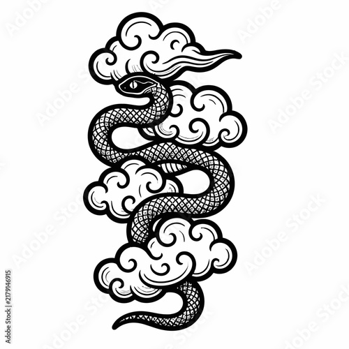 Black and white illustration of a coiled snake with scales, intertwined with stylized clouds, in a traditional graphic art style.