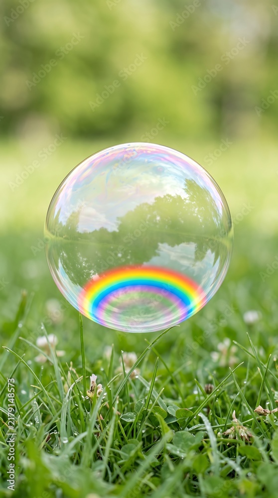 Obraz premium Rainbow bubble floating on green grass with reflections of trees and sky
