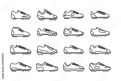 Set of sixteen black and white line of various soccer cleats and sports shoes for athletic performance on a white background