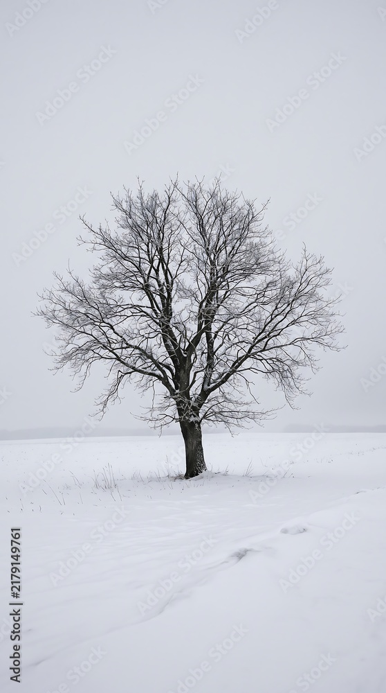 Fototapeta premium Bare Tree Stands Alone in Snowy Field Under Overcast Sky