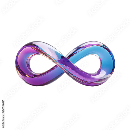 Colorful glass infinity symbol with reflective purple and blue curves isolated against transparency background