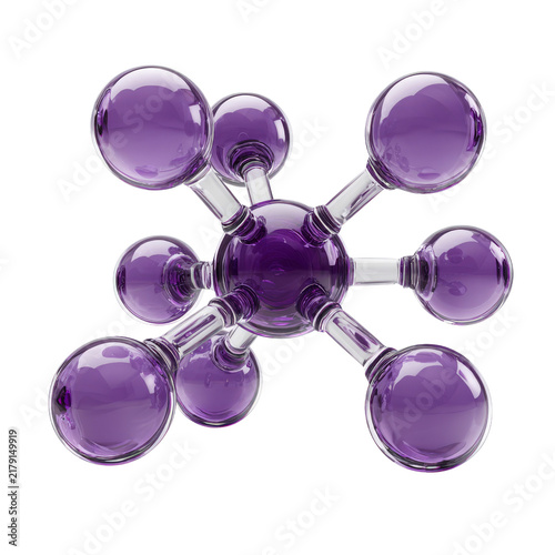 Purple molecular model with connected spherical atoms and transparent glass like bonds, isolated on transparency background, showing abstract chemistry and scientific structure