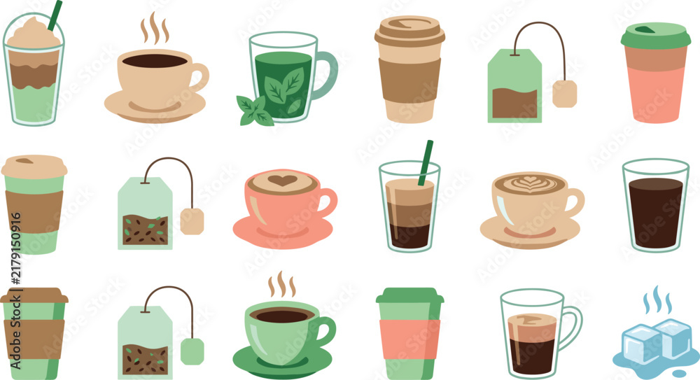 Fototapeta premium Hot and Cold Coffee and Tea Beverage Icon Set with Mugs Paper Cups and Teabags Vector
