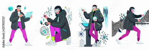 Set of futuristic characters wearing VR headsets and interacting with virtual reality interfaces in a modern, stylized illustration style.