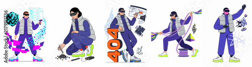 Vector illustration set of a character in VR goggles exploring digital worlds, handling data, and encountering a 404 error in the metaverse.