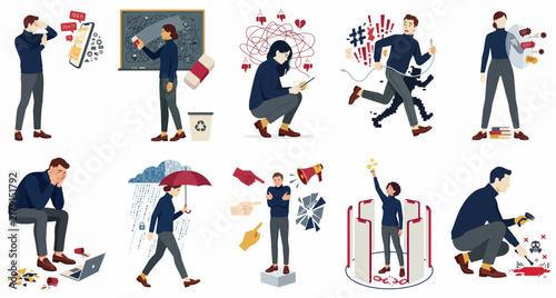 Conceptual vector illustrations representing social media anxiety, cyberbullying, online harassment, mental health struggles, and the pressure of digital life on people.