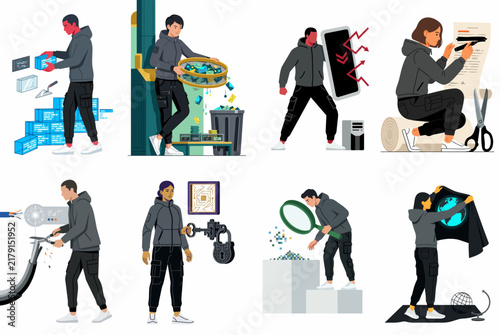 Vector illustration set of characters representing various cybersecurity concepts, data breaches, and metaphorical depictions of hacking and online criminal activities.