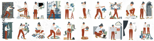 Collection of diverse flat vector illustrations depicting various occupations, professional tasks, and everyday activities in a clean minimalist style.