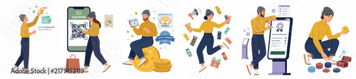 Flat Vector Illustration Set Depicting Various Customer Loyalty Program Concepts, Reward Points, Mobile App Engagement, and Marketing Incentives for Business Success.