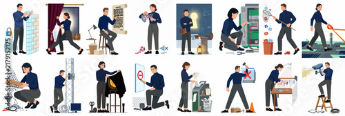 Set of illustrations depicting professional men and women performing various technical, creative, and investigative tasks in a modern work environment.