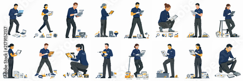 Collection of diverse professional technicians and service workers in blue uniforms using digital tablets and various tools for industrial and technical tasks.