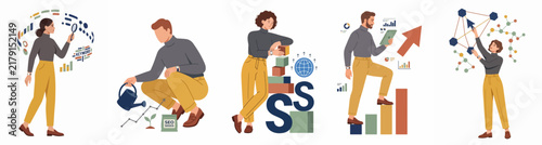 Collection of business people character illustrations showing stages of startup growth, data analysis, investment, and strategic networking for corporate success.