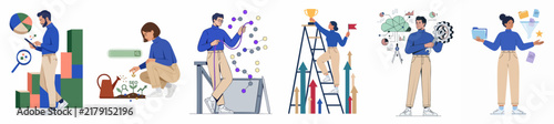 Flat Vector Illustrations Set Depicting Various Business Concepts Including Growth, Data Analysis, Career Success, Technology, and Management Processes on White Background.