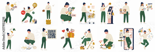 Diverse Collection of Flat Vector Illustrations Depicting People Engaged in Shopping, Finance, and Digital Consumer Activities on a White Background
