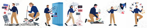 Collection of Business People Illustrations Representing Digital Tasks, Data Management, Productivity, and Professional Growth in a Modern Workspace.