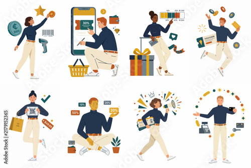 Diverse set of character illustrations showcasing various shopping, lifestyle, and digital service activities like online booking, retail sales, and loyalty rewards.