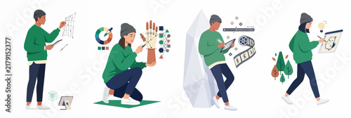 Flat vector illustrations of creative professionals engaged in various digital tasks, including robotic design, tablet sketching, and media editing on a white background.