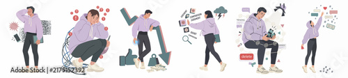 Set of flat vector illustrations depicting mental health issues, social media addiction, anxiety, and depression in young adults.