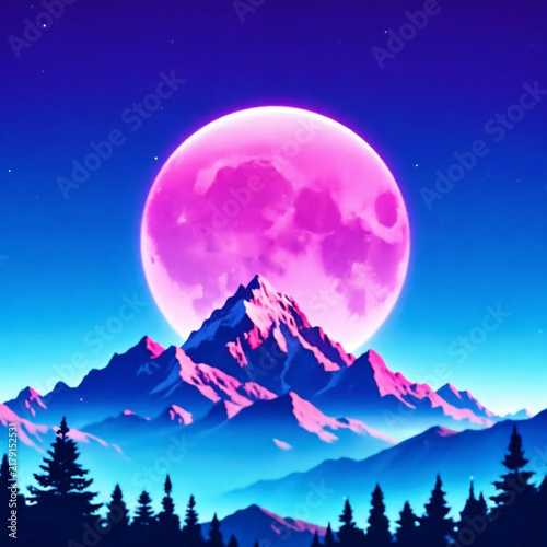 80s style retrowave mountains under blue and pink sun.