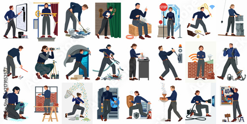 Collection of flat vector illustrations depicting metaphorical cybersecurity and data protection concepts, featuring professional characters in various security and IT-related scenarios.