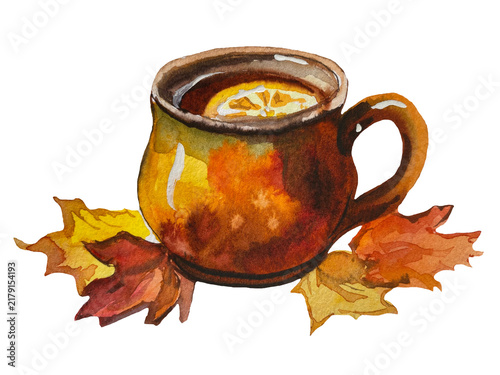 Hand-painted watercolor illustration of a cup of tea with a lemon slice, surrounded by autumn leaves in yellow, orange and brown colors, isolated on a transparent background