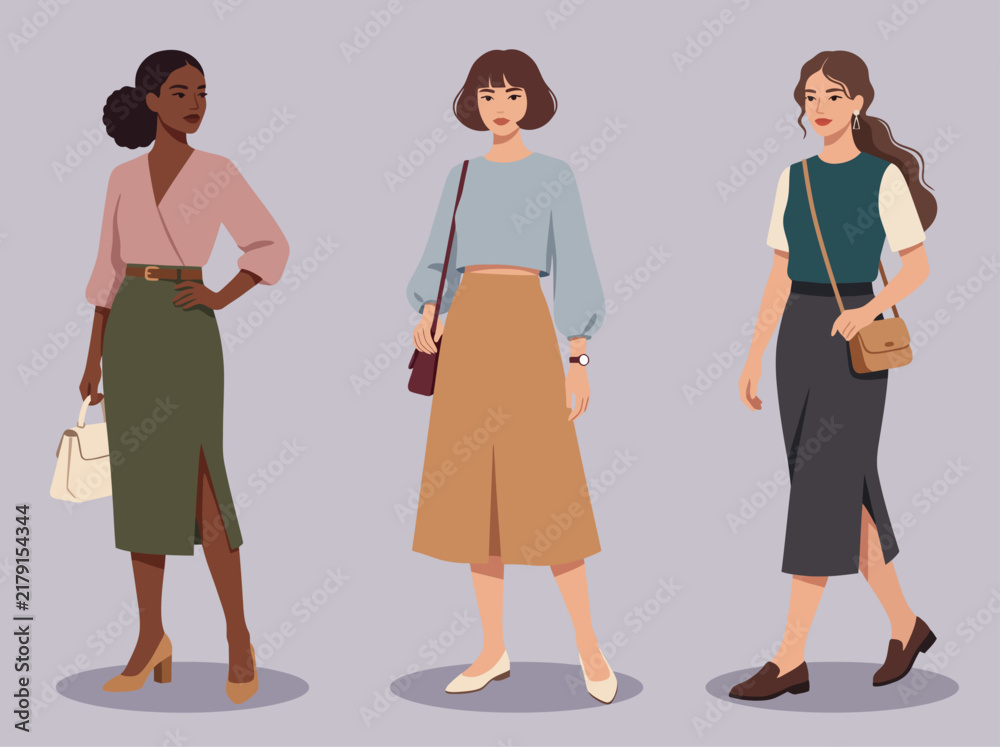 Fototapeta premium Three diverse young women in stylish modern casual clothing vector illustration