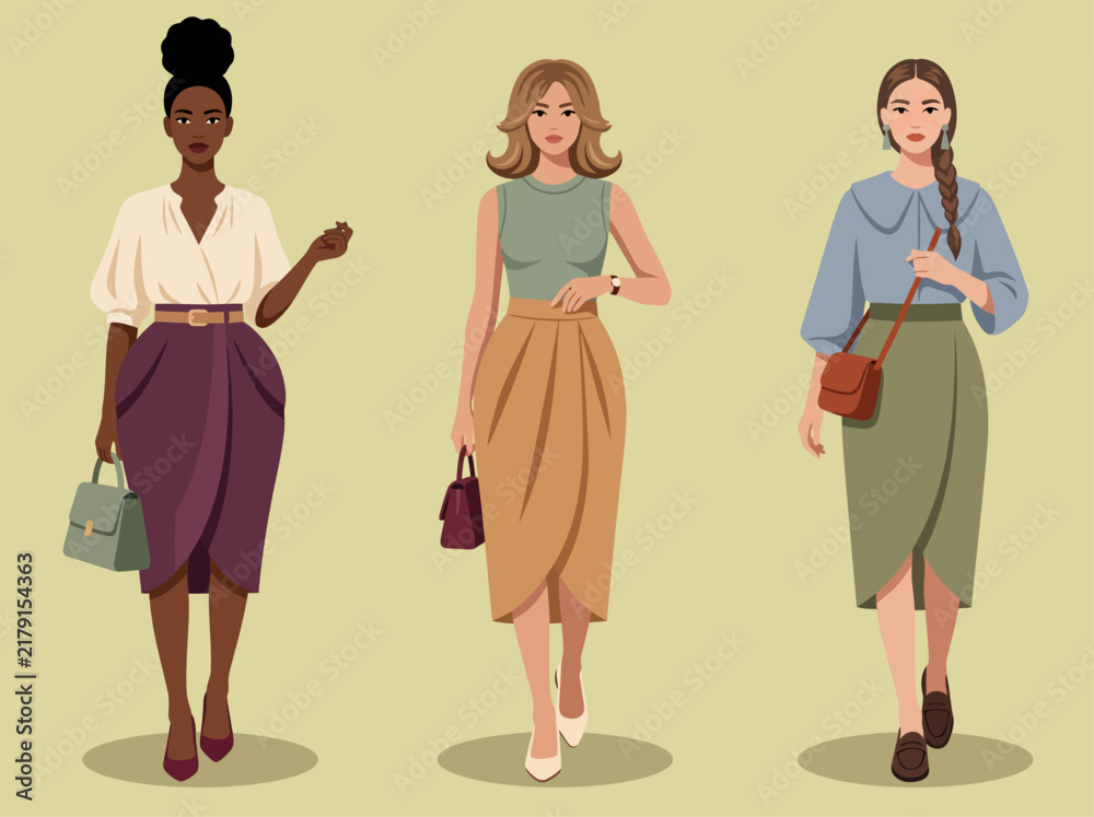 Obraz premium Fashion vector illustration of elegant women posing in stylish modern outfits