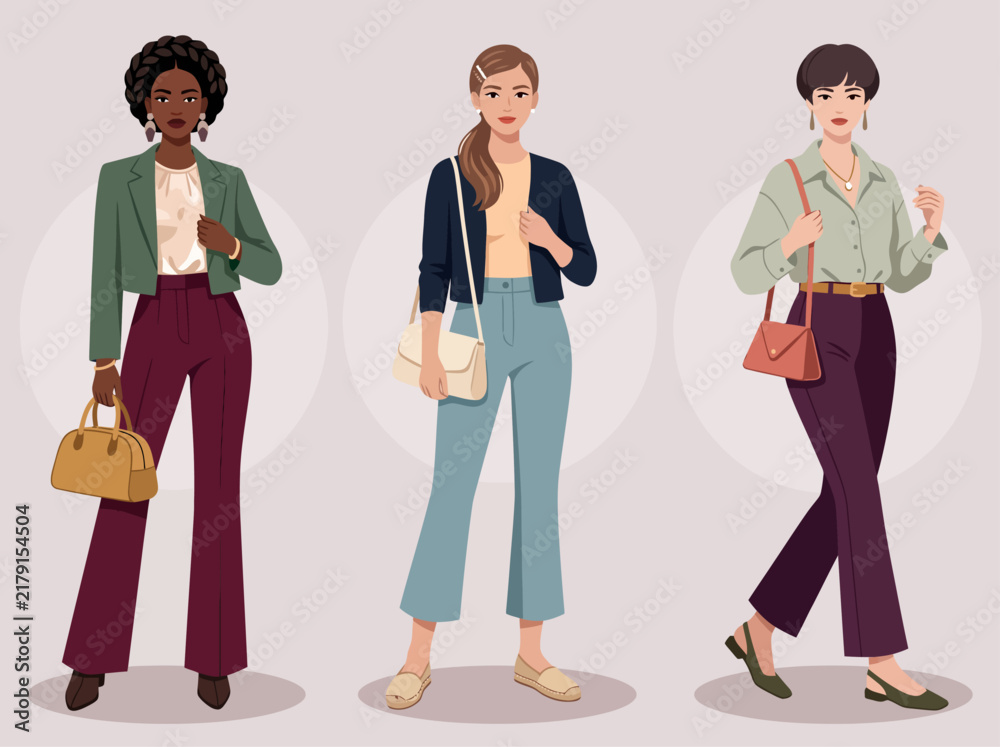 Fototapeta premium Stylish women wearing fashionable casual outfits and posing with handbags vector illustration