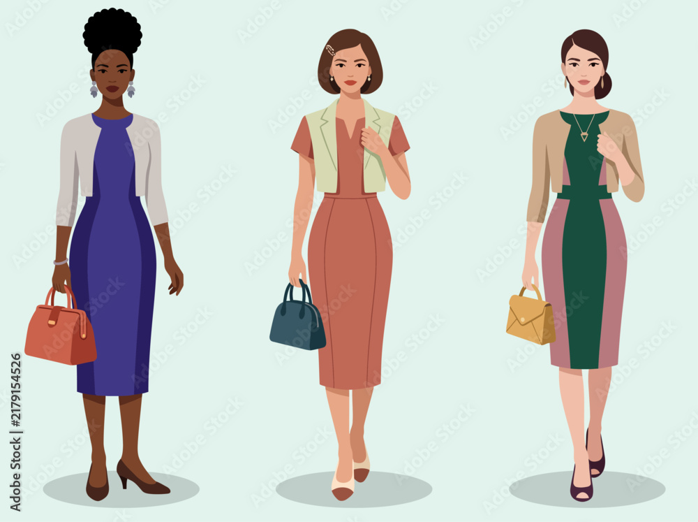Obraz premium Professional Diverse Business Women Wearing Elegant Corporate Dresses Holding Handbags