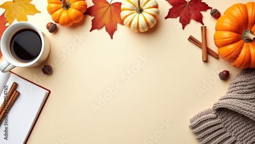 Cozy autumn flat lay with pumpkins, warm knitted blankets, coffee, maple leaves and cinnamon on a light background. Seasonal fall composition with copy space for text, banners and designs