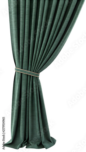 Green Curtain with Tassel: A draped green curtain with a decorative tassel and rope tie-back is elegantly presented, showcasing its rich texture and sophisticated design.