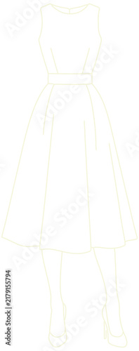 Beige elegant sleeveless midi dress fashion outline sketch icon isolated on transparent PNG background