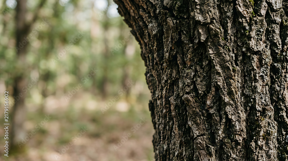 Obraz premium Old Tree Trunk with Rough Bark Texture in a Lush Green Forest, Natural Woodland Surface Pattern and Rustic Outdoor Nature Background in Spring