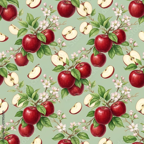 Vintage Style Apple Pattern With Blossoms On Light Green Background