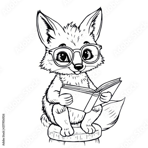 A whimsical fox wearing glasses and holding an open book, sitting on a stool. Detailed yet clean lines, suitable for slightly older children or teens. Generative AI