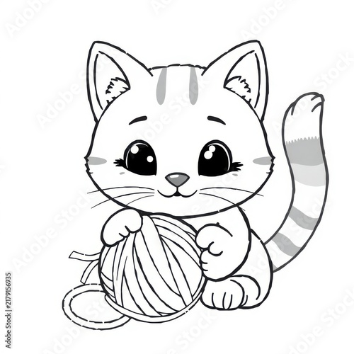 An inquisitive cat playing with a ball of yarn, featuring simple facial expressions. Kawaii style, rounded shapes, and thick, inviting outlines. Generative AI