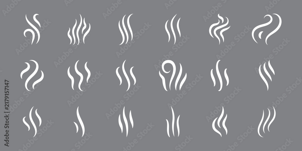 Fototapeta premium Smoke and steam symbols collection with decorative swirls and vapor lines in white silhouette style. Steam icons set isolated on gray background. 