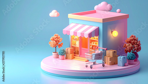Tiny storefront boxes and cart on rounded platform in cute isometric smooth shopping scene generative AI