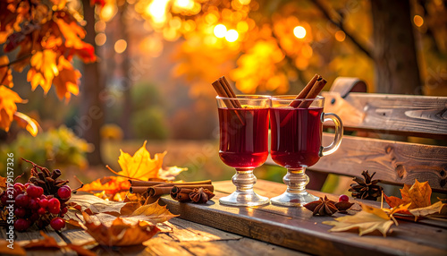 Two glasses of warm spiced drink sit on wooden bench with snug winter mood illustration generative AI