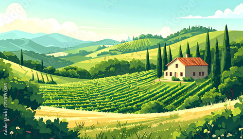 Summer vineyard valley with unbranded farmhouse and cypress trees under bright midday light in serene rural flat illustration generative AI