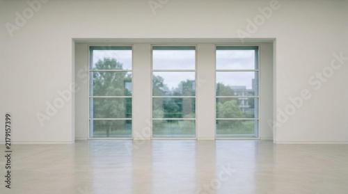 Modern minimalist interior with large windows overlooking green trees.