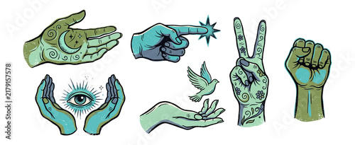 Retro Psychedelic Hands with Celestial Gesture Symbols